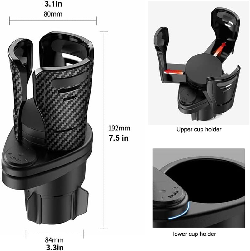 Cup Holder Expander for Car - Multifunctional 2 in 1 Cup Holder Adapter Multifunctional Car Drink Holder with 360° Rotating Adjustable Base