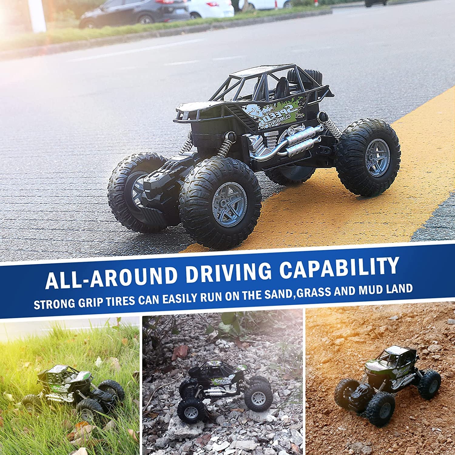 1:18 Scale RC Monster Vehicle Truck Crawler, All Terrains 4WD High Speed Electric Vehicle with Remote Control, off Road Truck with Two Rechargeable Batteries for Boys Kids and Adults (Green)