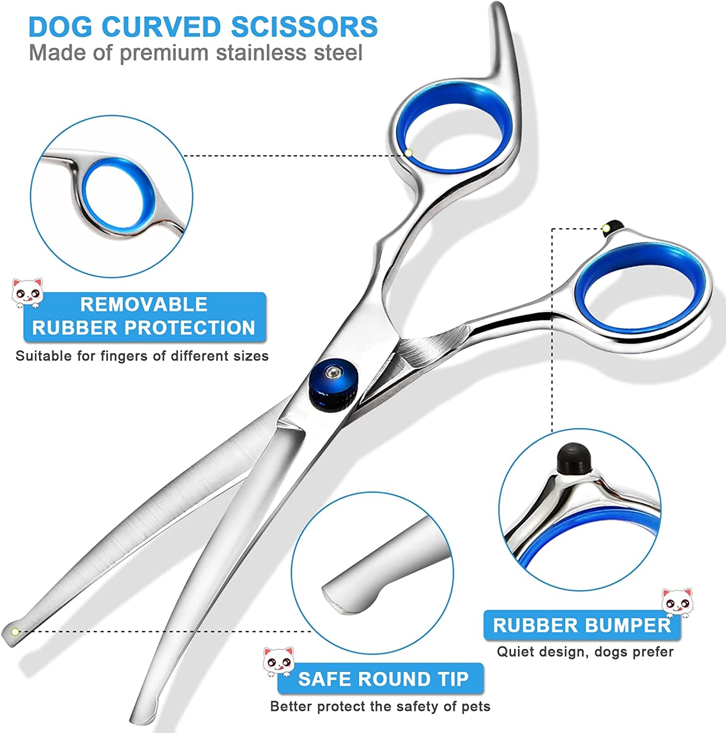 Dog Grooming Scissors Kit with Safety round Tips, Liren Professional 3 in 1 Dog Grooming Shears Set, Sharp and Durable Pet Grooming Shears for Dogs and Cats