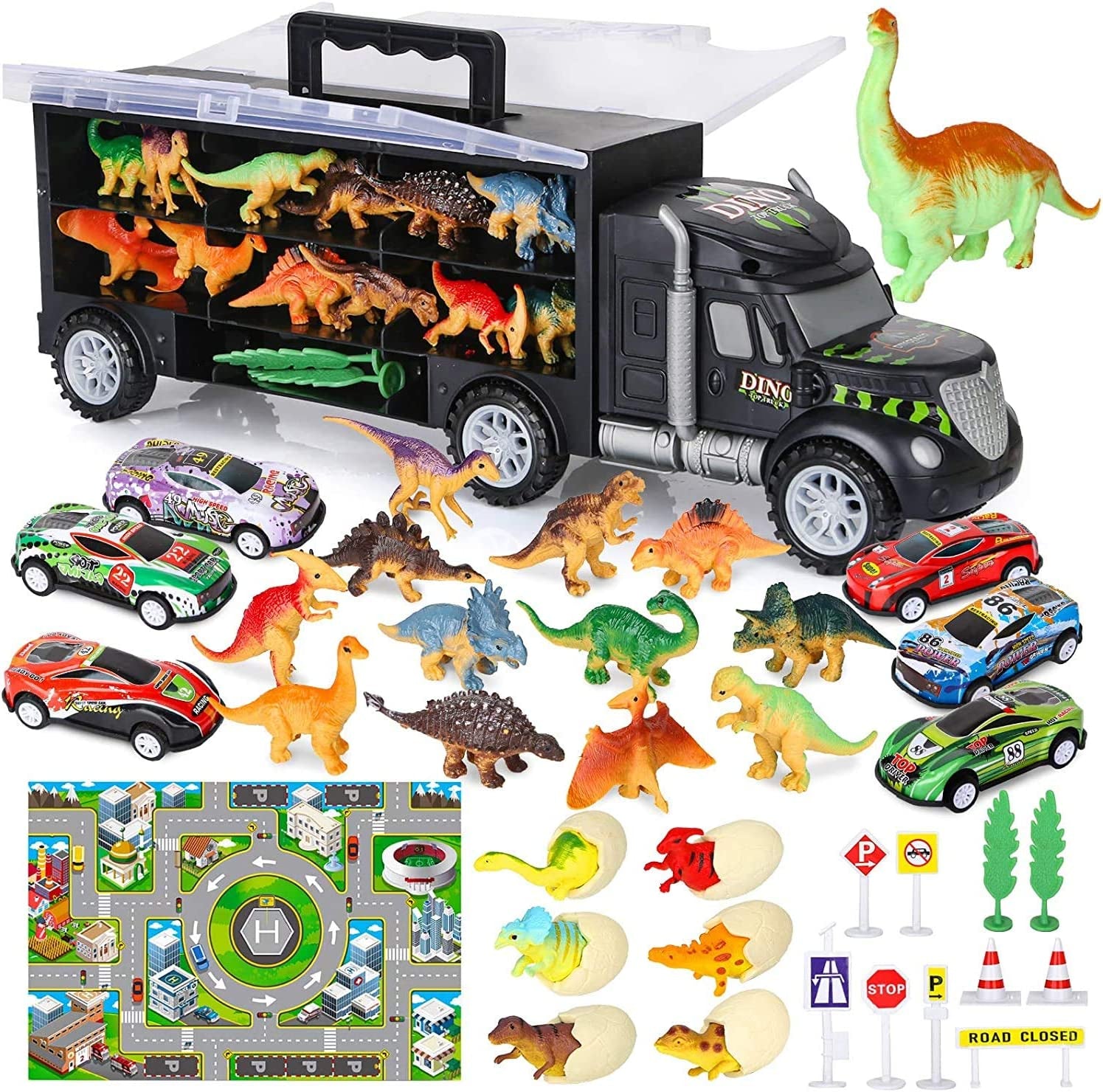 Dinosaur Truck Toy Car Transporter Carrier Set Include Dinosaur Figures & Egg Mini Racing Car with Play Mat, Road Signs for Children 37PCS