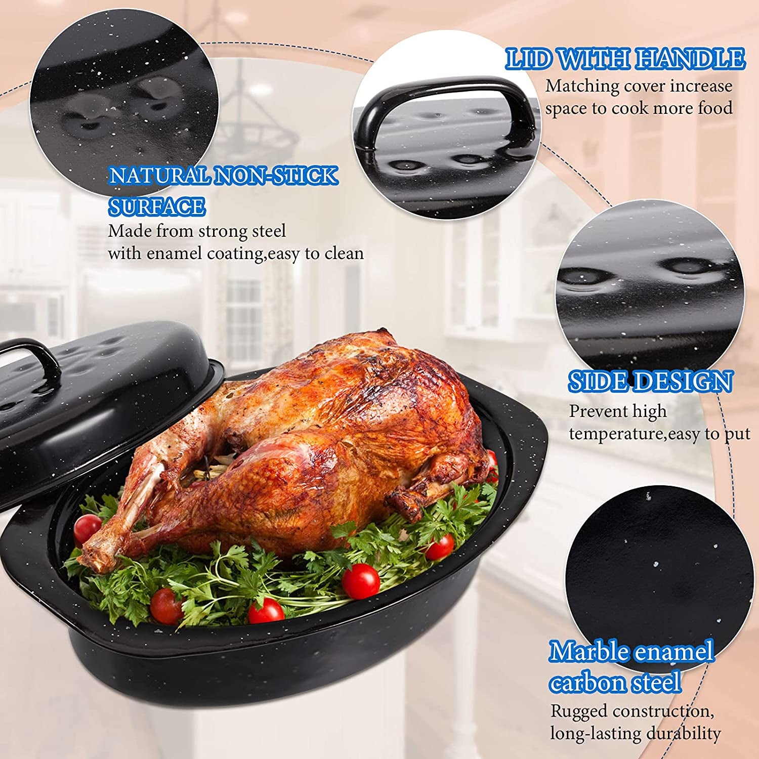 Granite Roaster Pan Thanksgiving 13 Inch Multi Use Oval Roaster with Lid Small Granite Roaster Pot for Turkey, Small Chicken, Roast Baking Pan, Black Speckled Enamel Cookware, Roast 7 Lb Birds