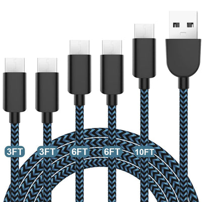 5-Pack (3/3/6/6/10FT) Fast Charging 3A USB-C to USB-A Cable Rapid Fast Charger Cord