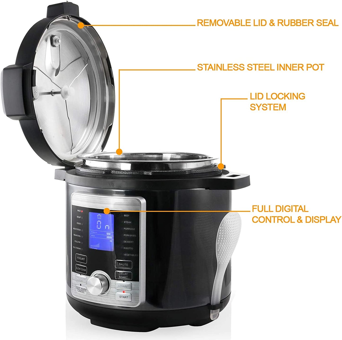 Megachef Electric Stainless Steel Brushed Digital Pressure Cooker with Lid, 6 Quart, Chrome and Black