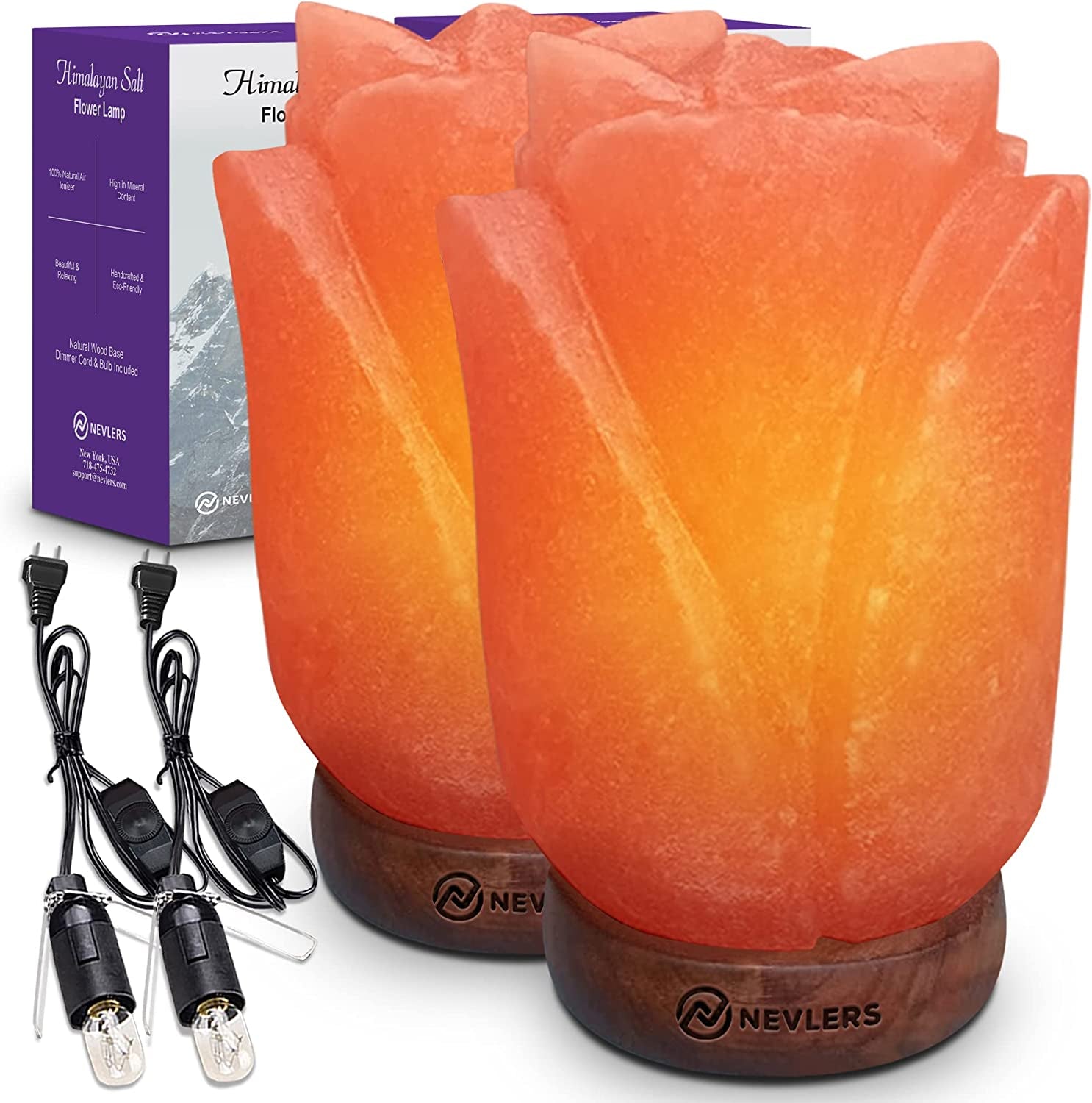 Authentic 2 Pack 7-9" Tall 6-8Lbs Natural Hand Carved Himalayan Salt Lamp with On/Off Switch & Beautiful Wood Base - Includes Light Bulb | Authentic from the Himalayan Mountains in Pakistan