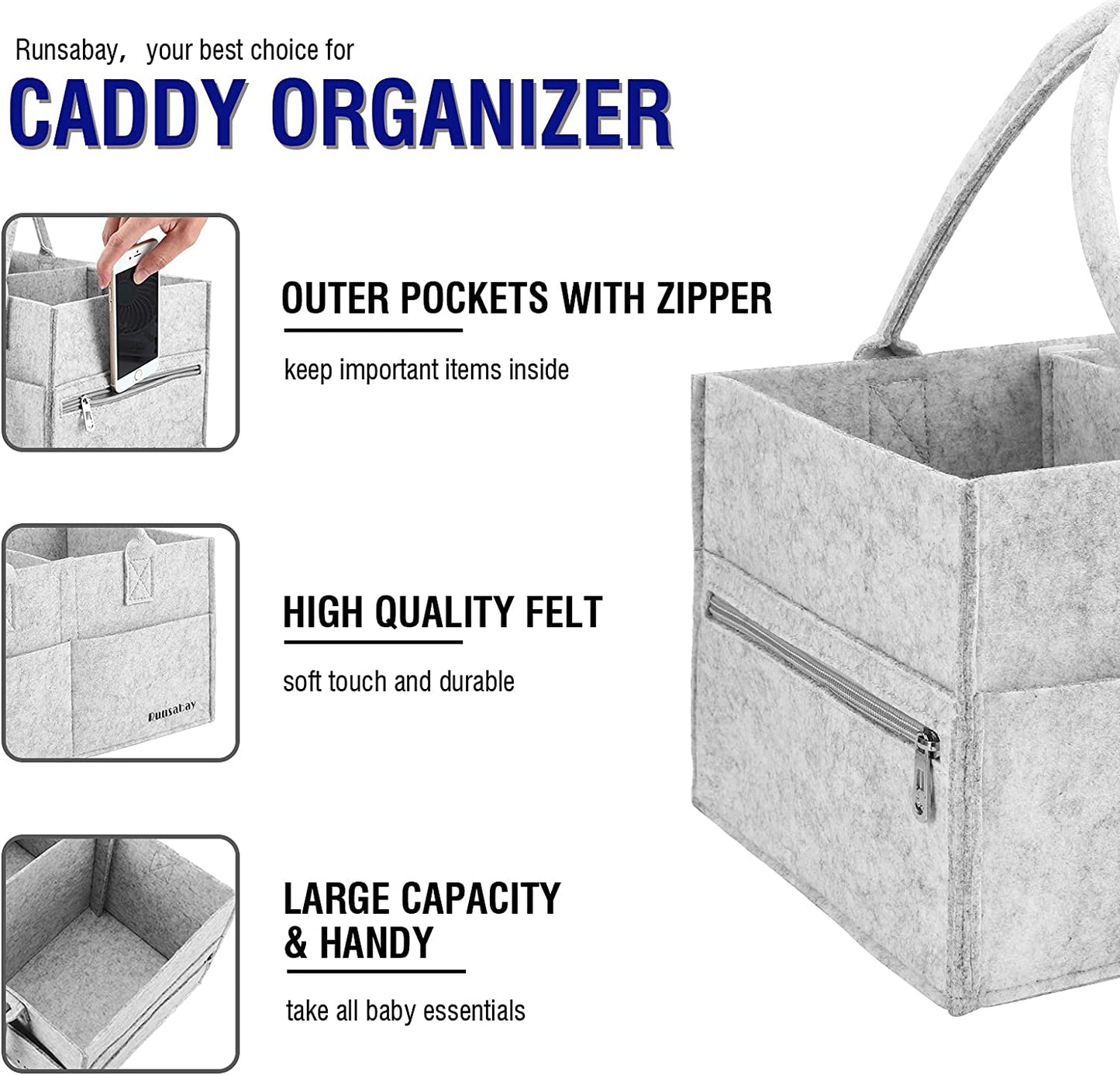 Runsabay Baby Diaper Caddy Organizer | Portable Nursery Essentials Storage Basket Bin for Changing Table and Car | Shower Basket for Newborn Boy and Girl | Gray