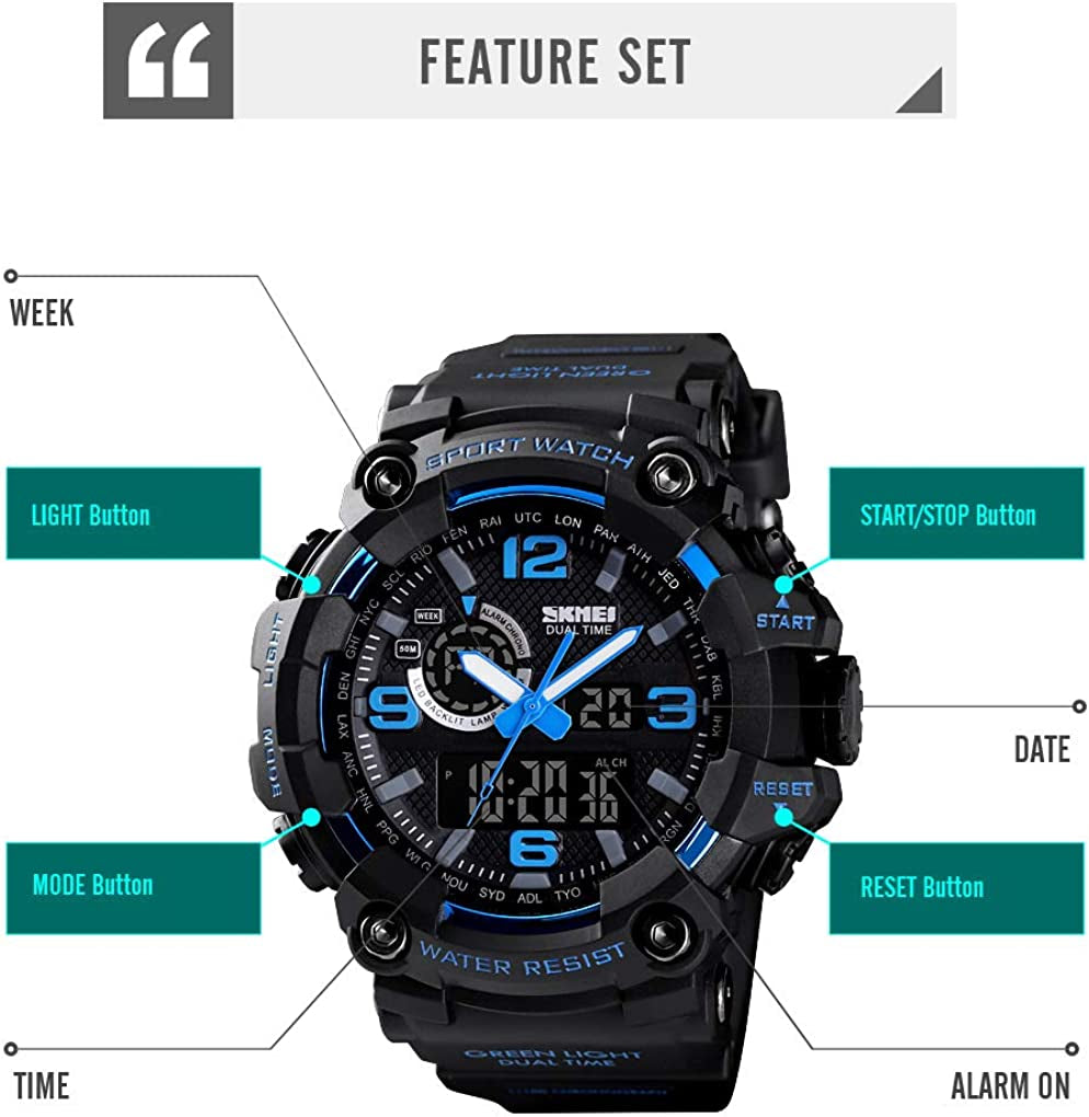 Men Digital Sports Watch, Dual Time Display LED Military Wrist Watch, Shockproof Large Dial Men Wristwatches Outdoor Waterproof Alarm Watches