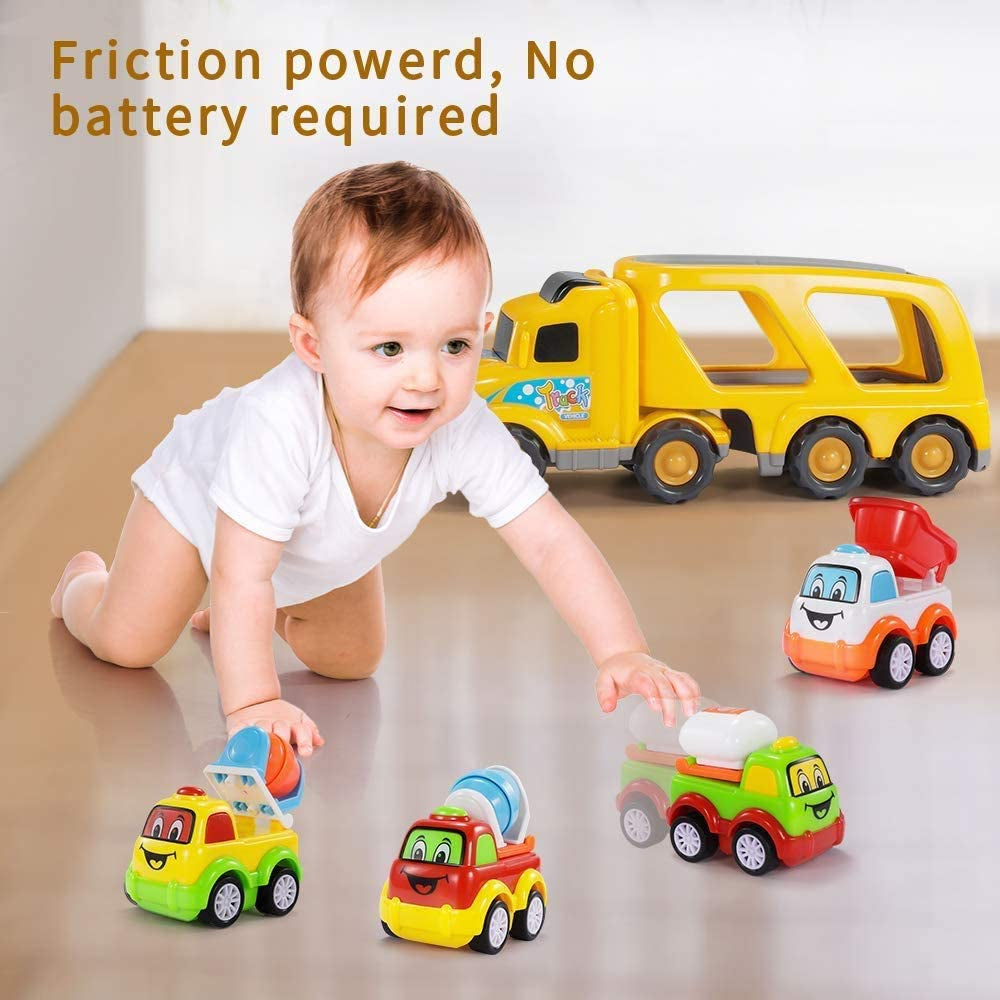 Toy for Boys Girls for 3 4 5 Year Olds Kids Construction Truck Friction Power Toy Vehicle Set Steering with Lights & Siren Sounds,Carrier Truck,Transport Car,Toy Excavator,Cement Mixe,Gifts Toddler