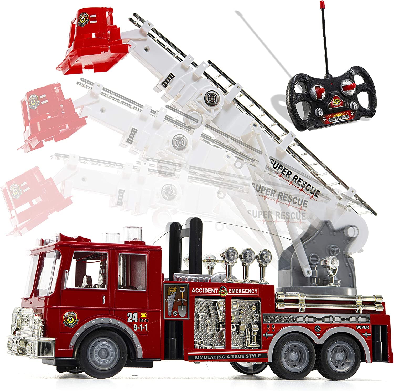 13'' Remote Control Fire Truck - Rescue R/C Fire Engine Truck Remote Control Truck Best Gift Toy for Boys with Lights, Siren, and Extending Ladder