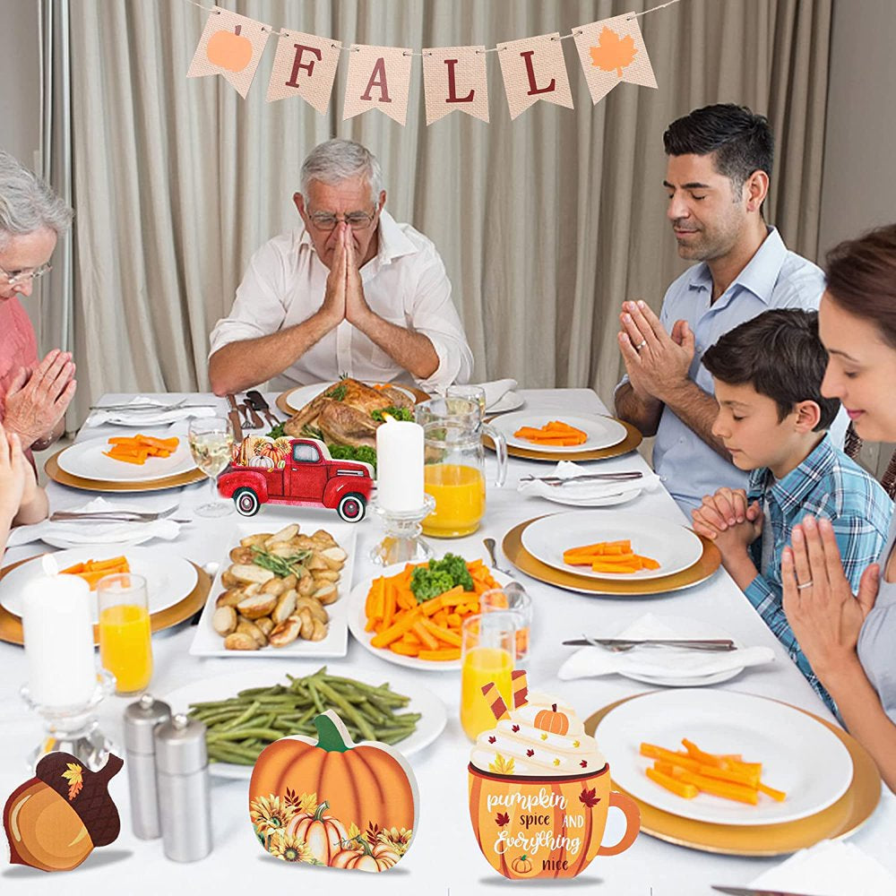 Fall Tiered Tray Decor, Pumpkin Maple Leaves Wooden Tabletop Signs Happy Fall Wood Block Autumn Truck Acorn Decorative Ornaments for Fall Thanksgiving Farmhouse Party Supplies, 11 PCS