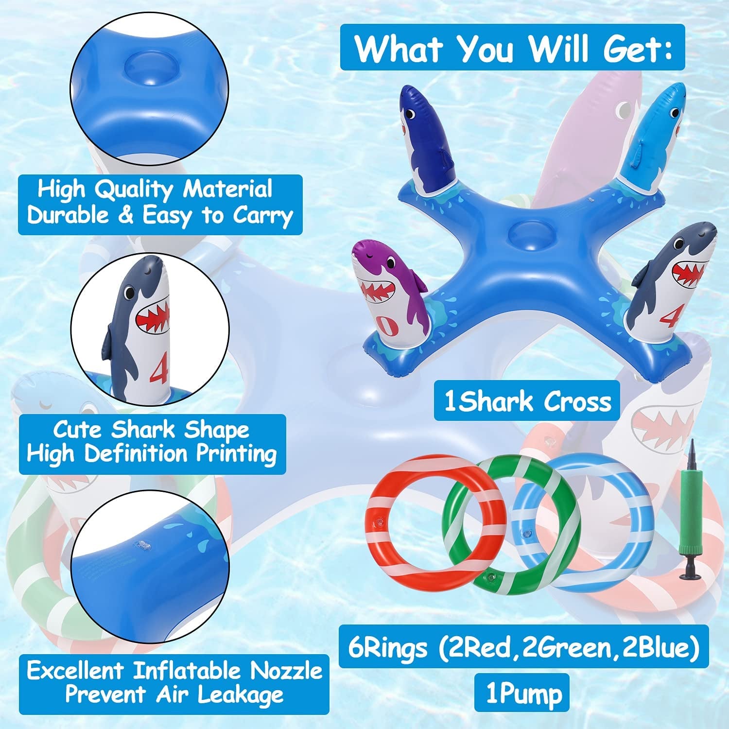 Inflatable Pool Ring Toss, Pool Toys for Kids with 6pcs Rings, Swimming Pool Games for Adults and Family