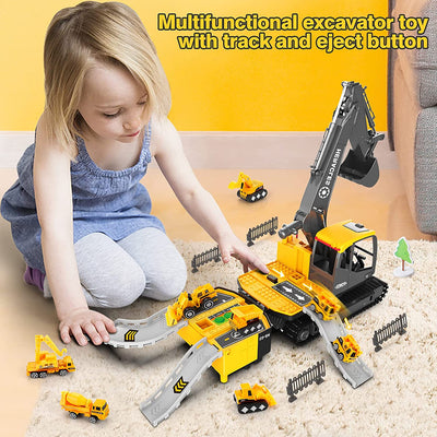 Construction Truck Toys for 3 4 5 6 Year Old Boys, Big Excavator Toy Engineering Vehicles with Play Mat, Large Tower Crane, 8 Mini Truck & Road Signs for Toddler Kids Christmas Birthday Gifts
