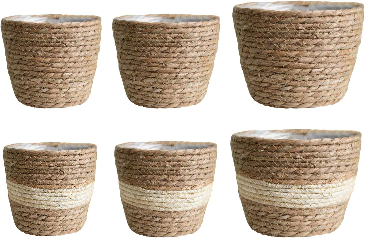 Seagrass Basket Planters, Flower Pots Cover Storage Basket Plant Containers Hand Woven Basket Planter with Plastic Liners Straw Flower Pot for Indoor Outdoor Plant Flower Pots