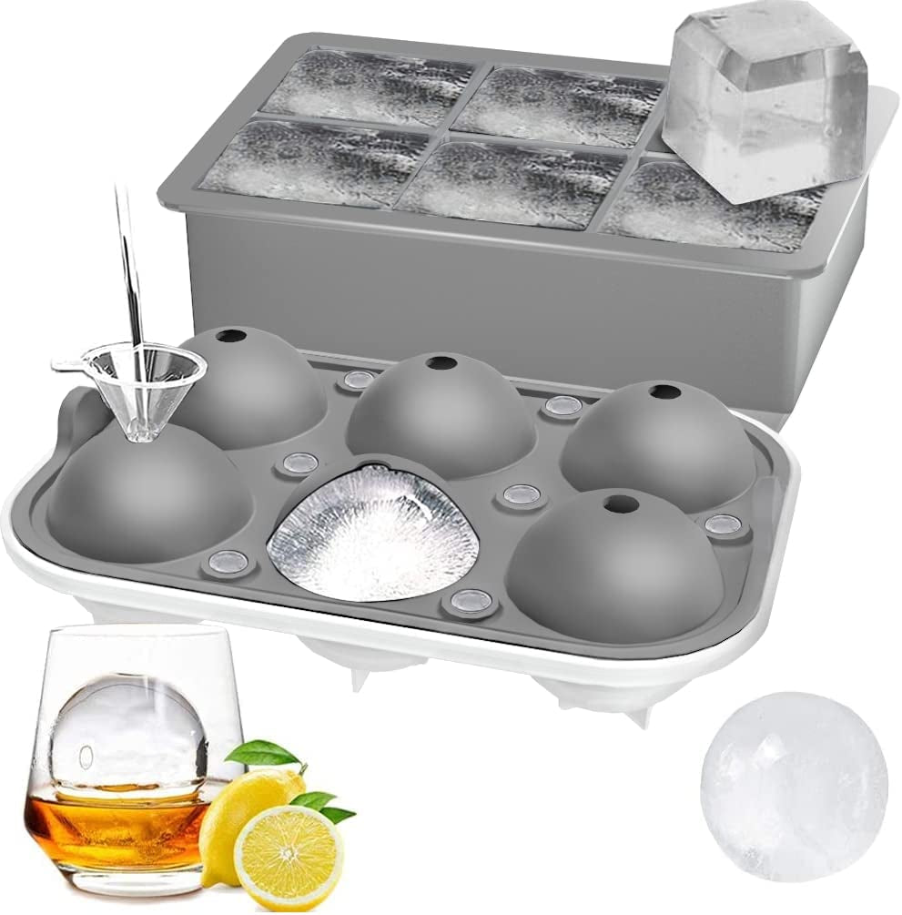  (Set of 2), Sphere Ice Ball Maker with Lid & Large Square Ice Cube Maker