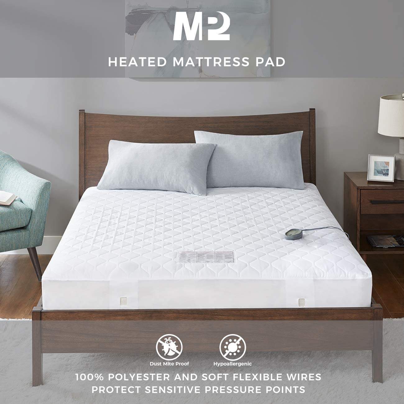 MP2 Twin Sized Heated Mattress Pad | Plush Bed Pad Heater and 10 Hour Shut off | Fits up to 19" with 5 Heat Settings | Single Controller - 39" X 75"