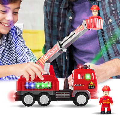 Fire Engine Ladder Truck for Kids with Two Fireman Figures - 4D Lights & Real Siren Sounds | Bump and Go Toy - Automatic Steering on Contact - Imaginative Play