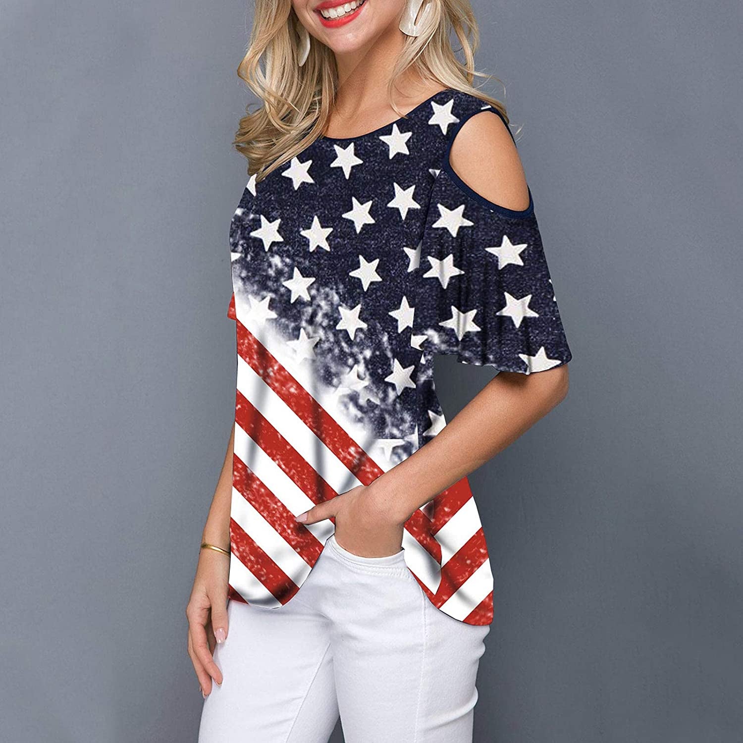  Cold Shoulder American Flag Shirt Stars Stripe Patriotic T-Shirt Summer Casual Tee Top