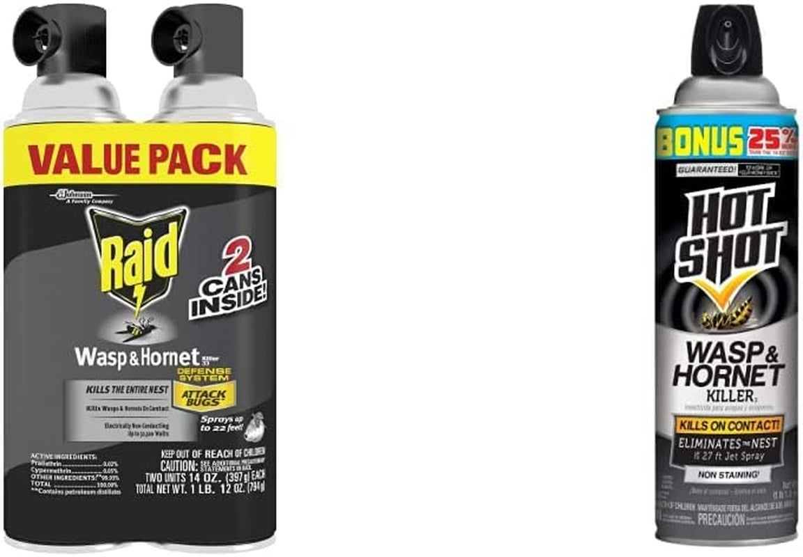 Raid Wasp & Hornet Killer Spray, Kills The Entire nest, Kills Paper Wasps, Yellow Jackets, Mud Daubers and More, 14 oz (Pack of 2) and Hot Shot 13416 Wasp & Hornet Killer, 17.5 oz - 1 Count