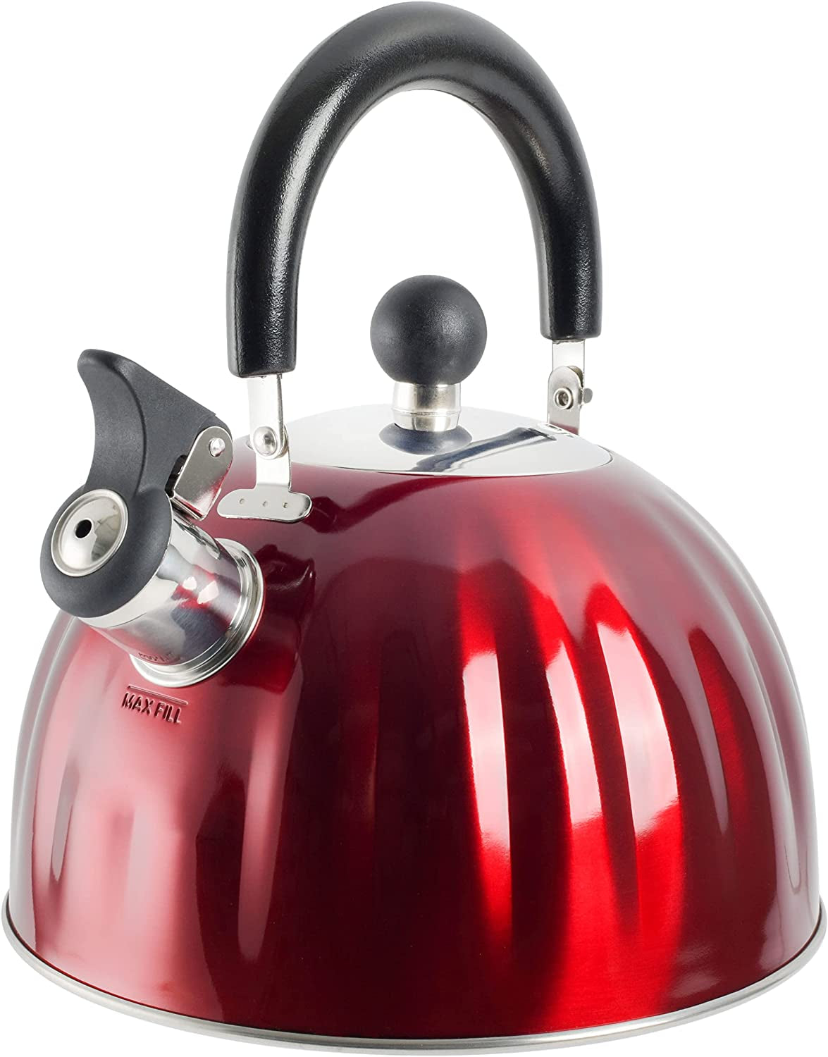 Mr. Coffee Twining 2.1 Quart Pumpkin Shaped Stainless Steel Whistling Tea Kettle, Metallic Red