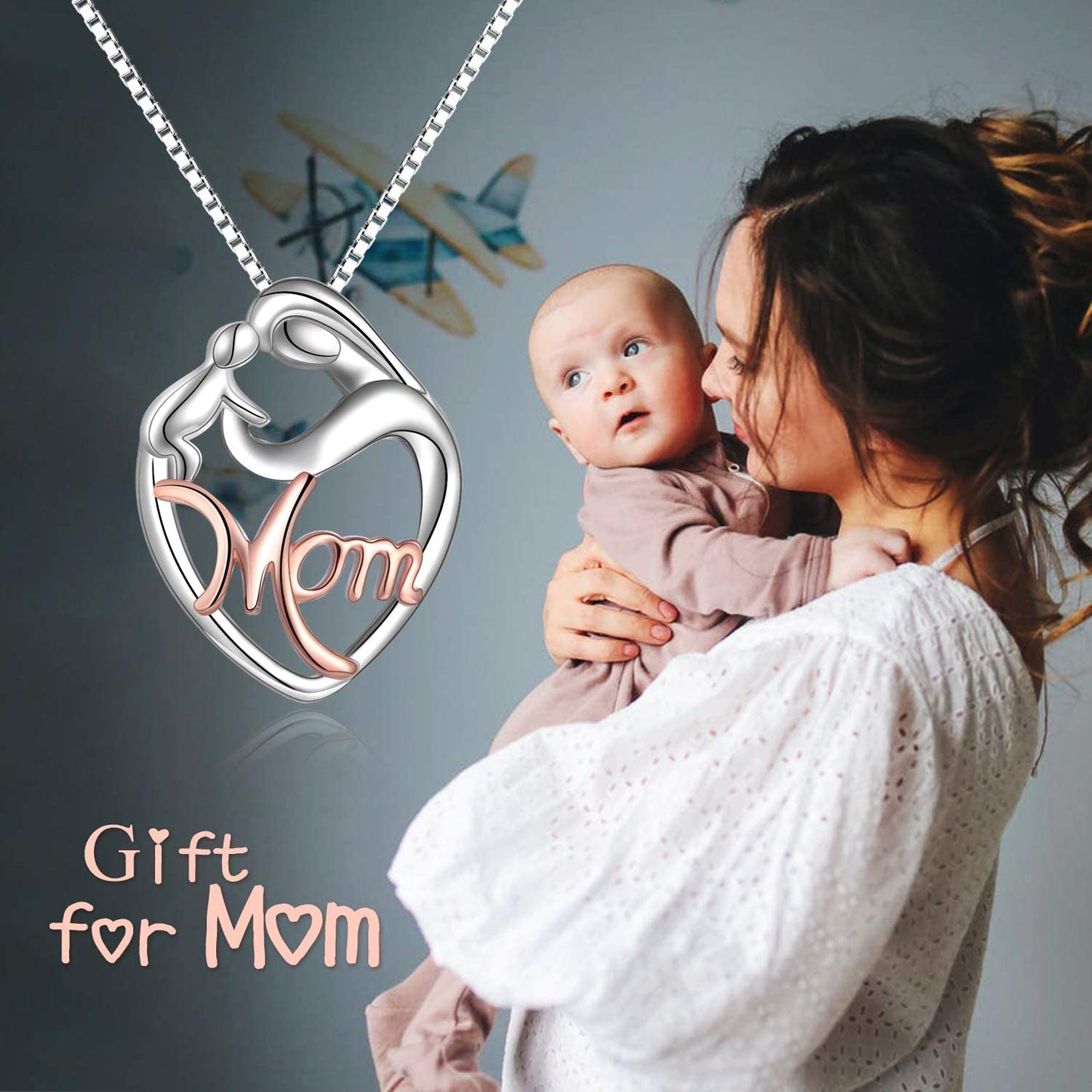  925 Sterling Silver Mother and Child Love Heart Pendant Necklace 