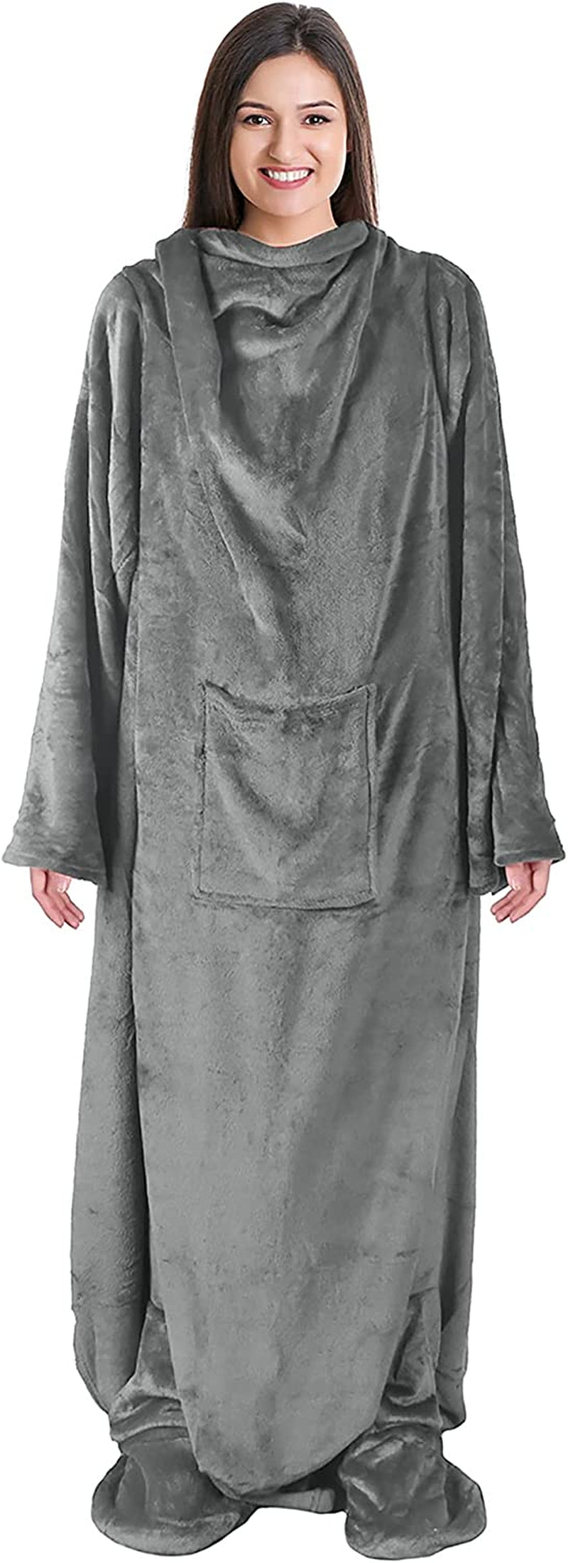 Wearable Fleece/Sherpa Blanket with Sleeves and Foot Pockets for Adult Women Men, Micro Plush Comfy Wrap Sleeved Throw Blanket Robe Large