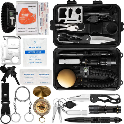 20 in 1 Emergency Survival Kit , Professional Gear for Outdoor Camping, Equipment & First Aid Accessories, Gift Idea Dad, Husband, Boyfriend, Great Hiking, Hunting, Black