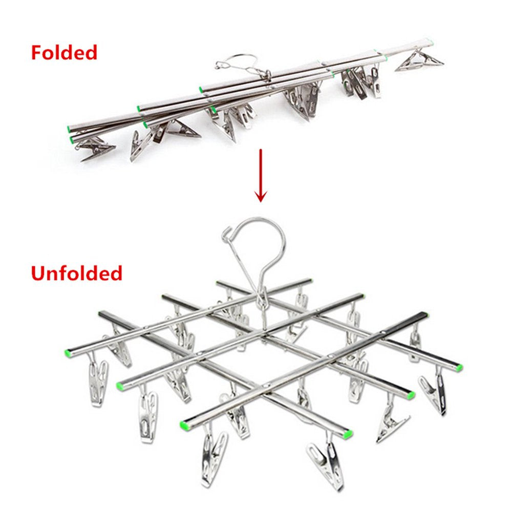 Stainless Steel Drying Rack with 20 Clips, Space Saver Drip Sock Dryer Hanger Drying Pegs Hook, Swivel Windproof Clothespin Clothes Hanger Dryer for Laundry Clothes Socks Underwear