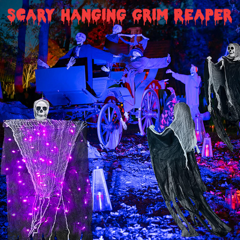 Hanging Halloween Ghosts Decorations, Grim Reaper with Halloween Purple String Lights for Halloween Indoor Outdoor Porch Party Decor