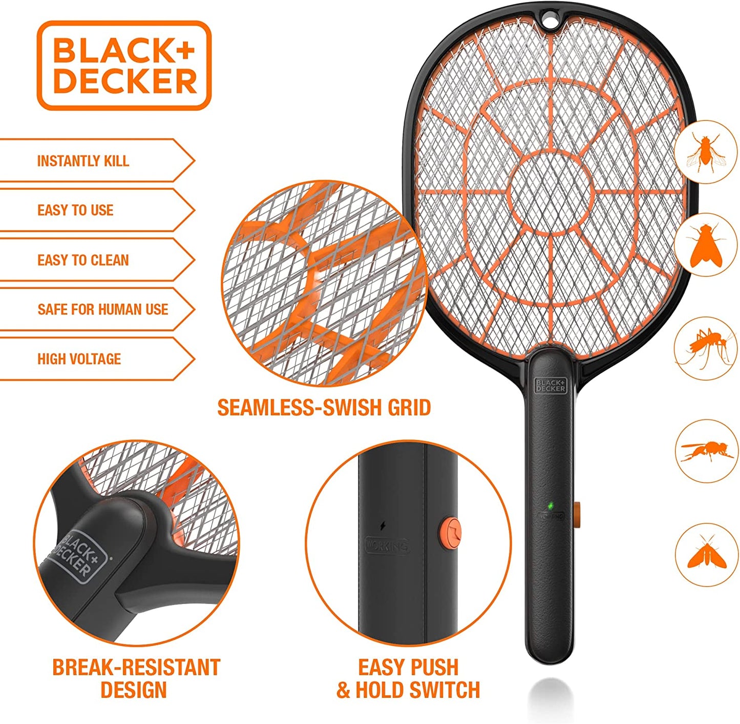 BLACK+DECKER Bug Zapper Racket – Electric Fly Swatter for Gnats, Mosquitoes, & More – Harmless-to-Humans Outdoor Bug Zapper Battery Operated – Handheld Electric Fly Swatter – Bug Zapper Indoor Racket