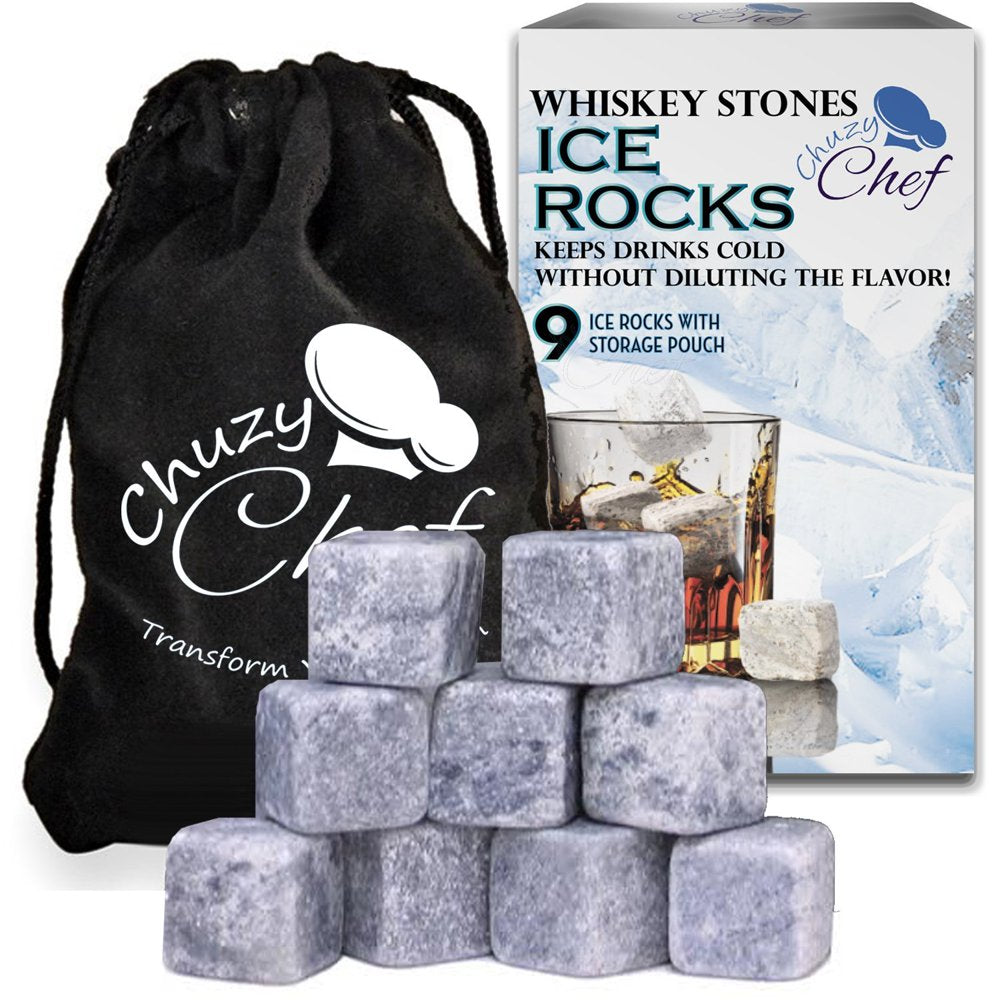 Whiskey Stones Ice Cube Rocks - Set of 9 Reusable Whisky Wine & Beverage Chilling Rocks with Velvet Gift Pouch for Indoor & Outdoor Bar & Party Accessories Best Fathers Day Gift Idea - Chuzy Chef