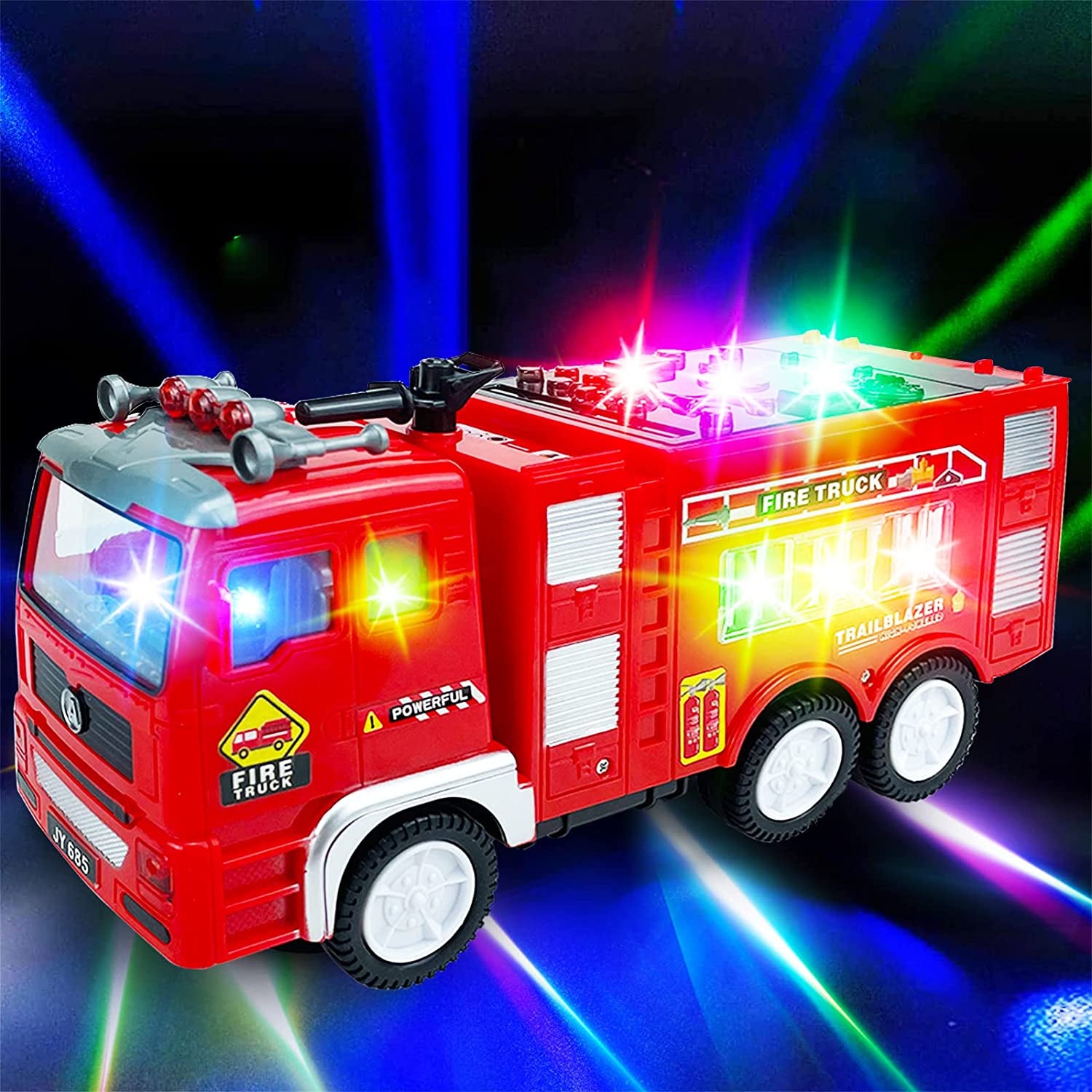 4D Lights up Trucks Toys for 3 4 5 6 Year Old Boys Girls,Toddler Toys Electric Fire Truck with Bright Flashing Lights and Sounds,Bump&Go Car Toy for Imaginative Play(Fire Truck)
