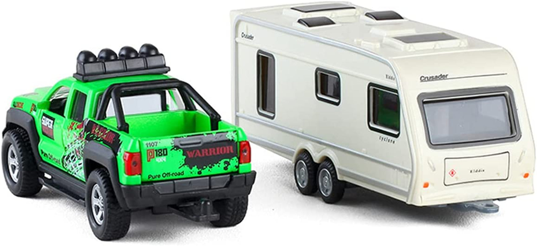 Monster Pickup Truck Trailer with Toy Camper RV Motorhome Toys for Boys Diecast Model Car Metal Toy Cars 1/36 Scale Off-Road SUV Pull Back Friction Powered Doors Open Light Sound Kids Gifts, Green
