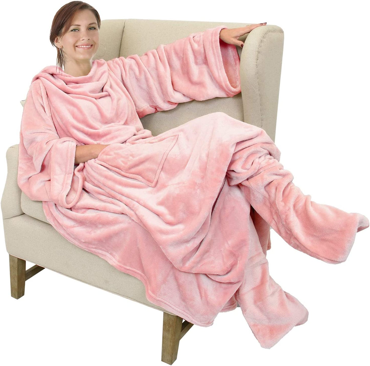 Wearable Fleece/Sherpa Blanket with Sleeves and Foot Pockets for Adult Women Men, Micro Plush Comfy Wrap Sleeved Throw Blanket Robe Large