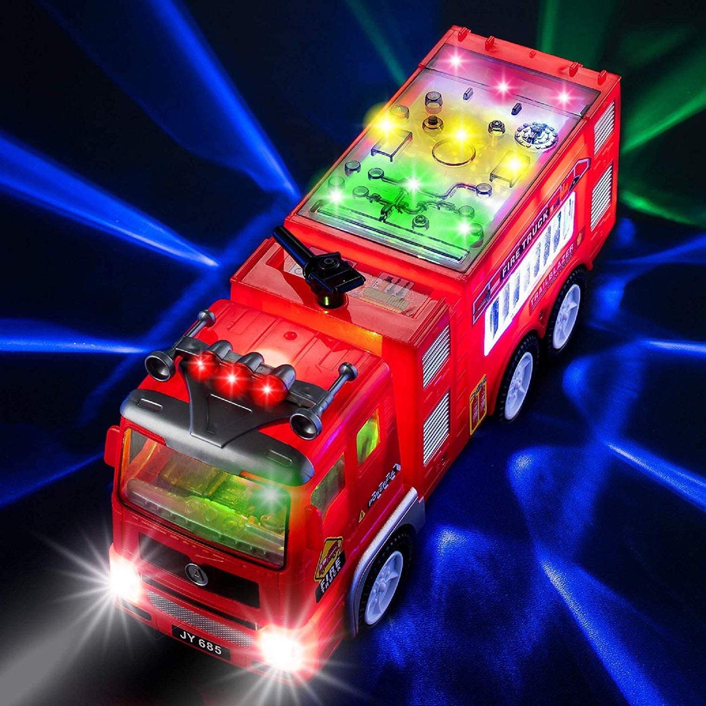 Electric Fire Truck Kids Toy - with Bright Flashing 4D Lights & Real Siren Sounds | Bump and Go Firetruck for Boys | Automatic Steering on Contact | Fire Engine Toy Trucks for Imaginative Play