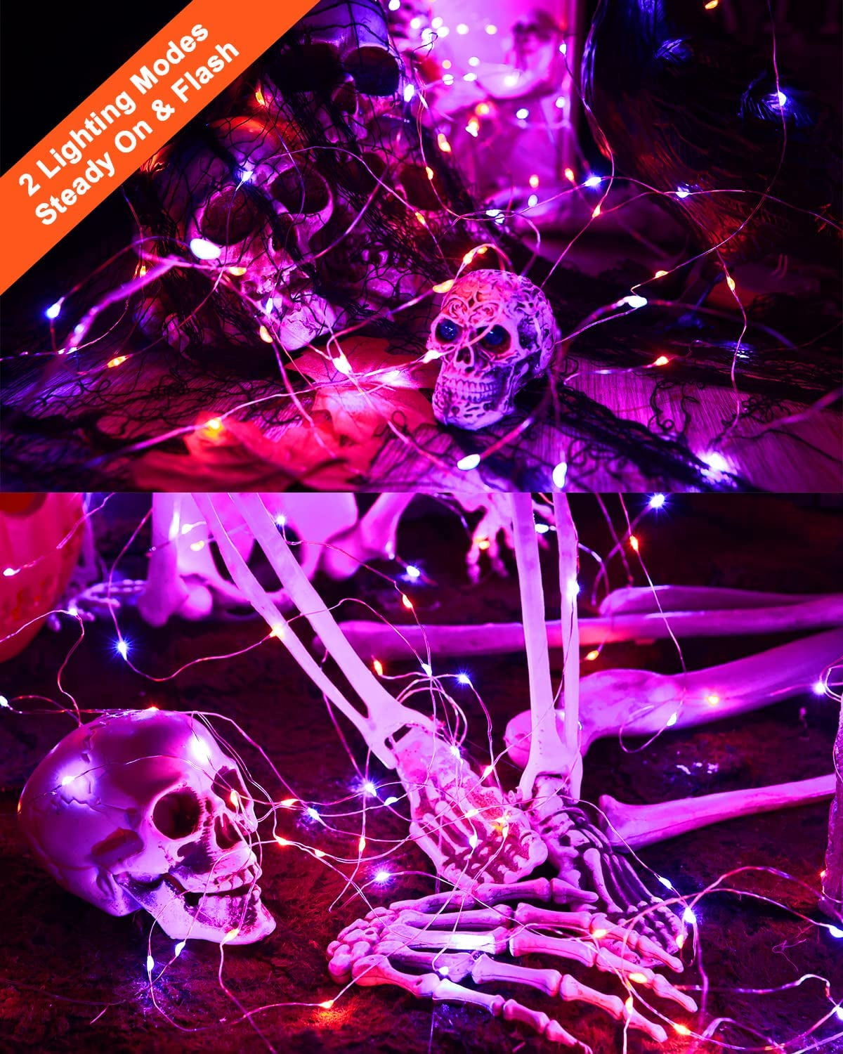 19.47Ft 60 LED Fairy Lights, 2 Modes Battery Lights, Indoor Silver Wire Purple Lights