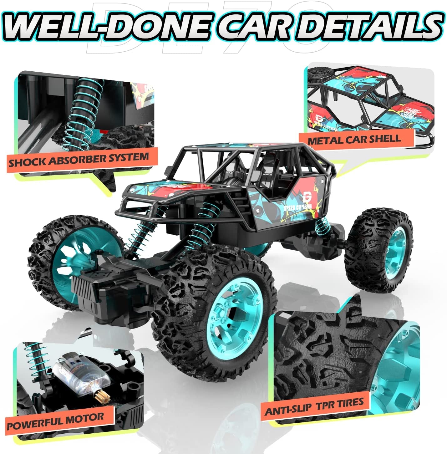 DE70 Remote Control Truck W/ Metal Shell, 60+ Mins, 2.4G Remote Control Car, 1:22 RC Cars Crawler for Boys, RC Monster Trucks, Toy Vehicle Car Gift for Kids Adults Girls