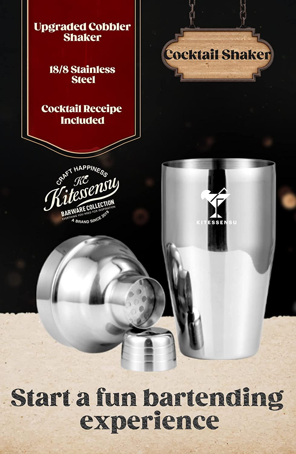 Cocktail Shaker, 19oz Martini Shaker with Strainer, Premium 18/8 Stainless Steel Cobbler Drink Shaker, FREE Recipes Booklet Included