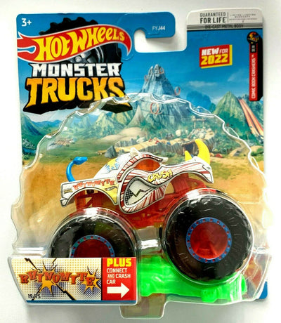 Diecast Hot Wheels Monster Trucks Rhinomite (White) 19/75 - 2022 Connect and Crash Car Included (1:64 Scale)