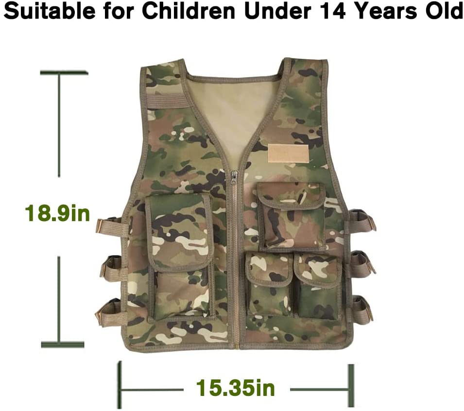 Kids Tactical Vest, Lightweight Airsoft Vest-Adjustable to Fit Ages 7-14 Yrs, Paintball Combat Vest for Games or Training