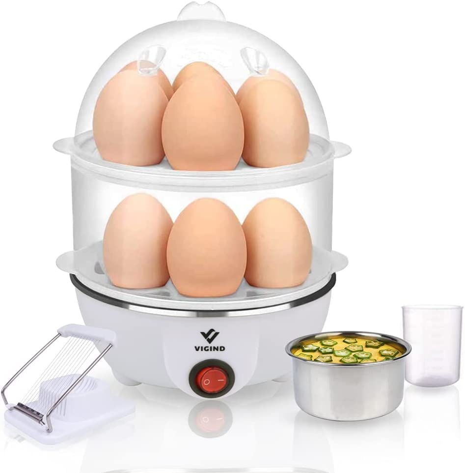 VIGIND Electric Egg Cooker Boiler Maker Soft, Medium or Hard Boil, 14 Egg Capacity Two Layer Egg Maker,Egg Steamer,With Automatic Shut Off, Egg Slicer and Stainless Steel Bowl Included,Noise Free