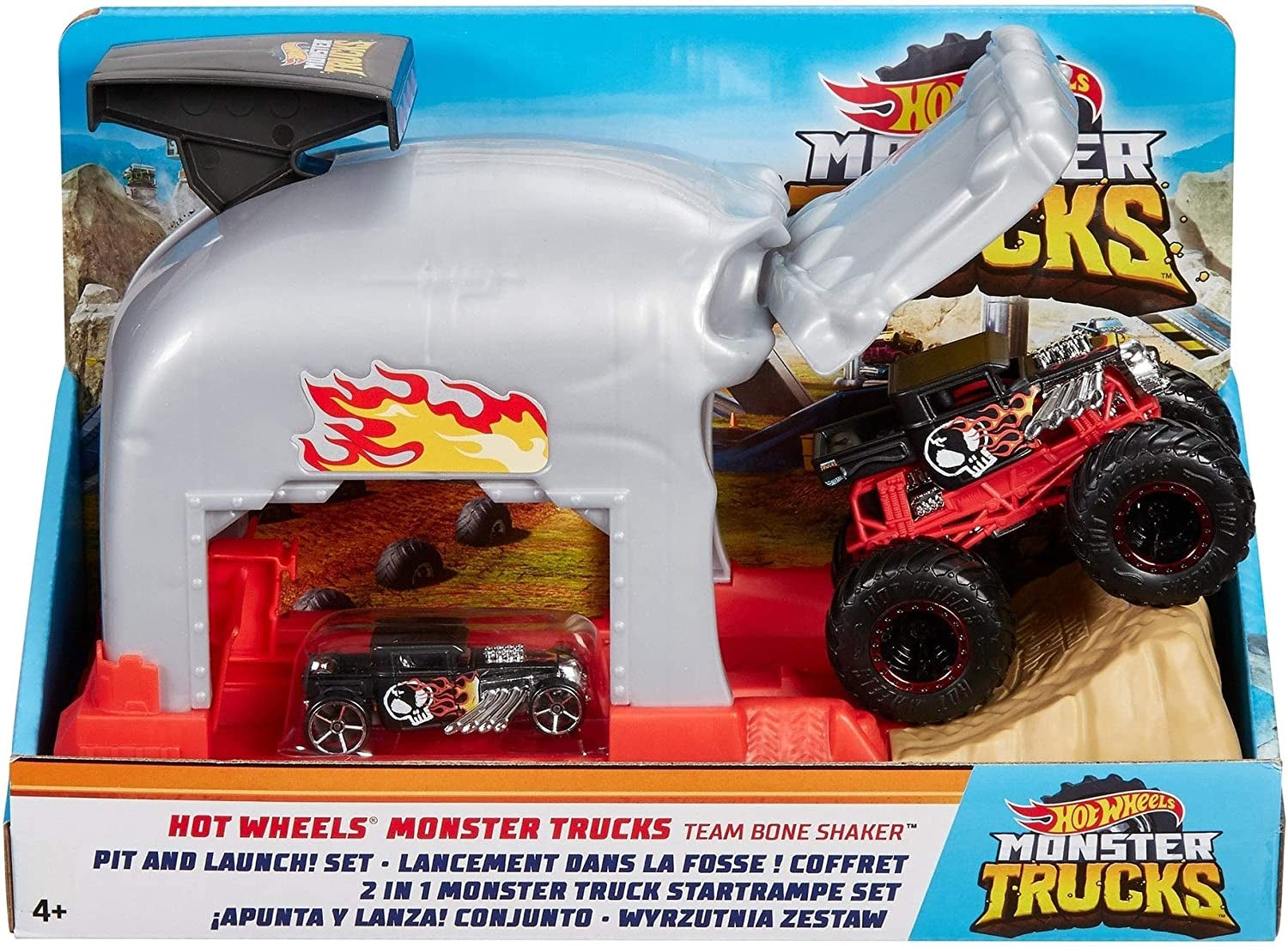 Hot Wheels Monster Truck Pit & Launch Play Sets with a Monster Truck and a 1:64 Car, Team Bone Shaker