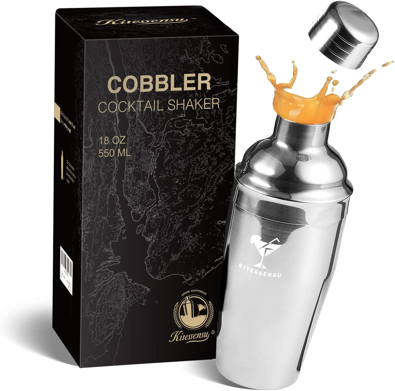 Cocktail Shaker, 19oz Martini Shaker with Strainer, Premium 18/8 Stainless Steel Cobbler Drink Shaker, FREE Recipes Booklet Included
