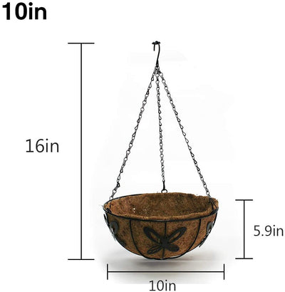 10 Inch Metal Hanging Planter Basket with Natural Coconut Coir Liner, Chain and Hook Included,Hanging Planters for Outdoor Indoor Plants,Wall Hanging Flower Baskets Garden Decoration,2Pack