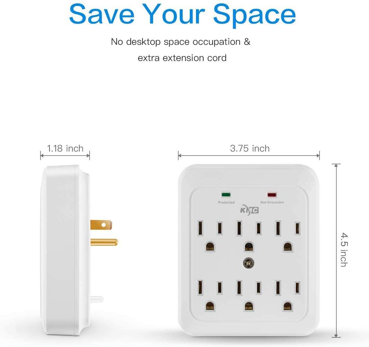 2 Pack Wall Surge Protector, 980 Joule, 6-Outle Wall Plug Adapter Power Strip, White