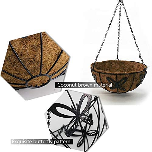 10 Inch Metal Hanging Planter Basket with Natural Coconut Coir Liner, Chain and Hook Included,Hanging Planters for Outdoor Indoor Plants,Wall Hanging Flower Baskets Garden Decoration,2Pack