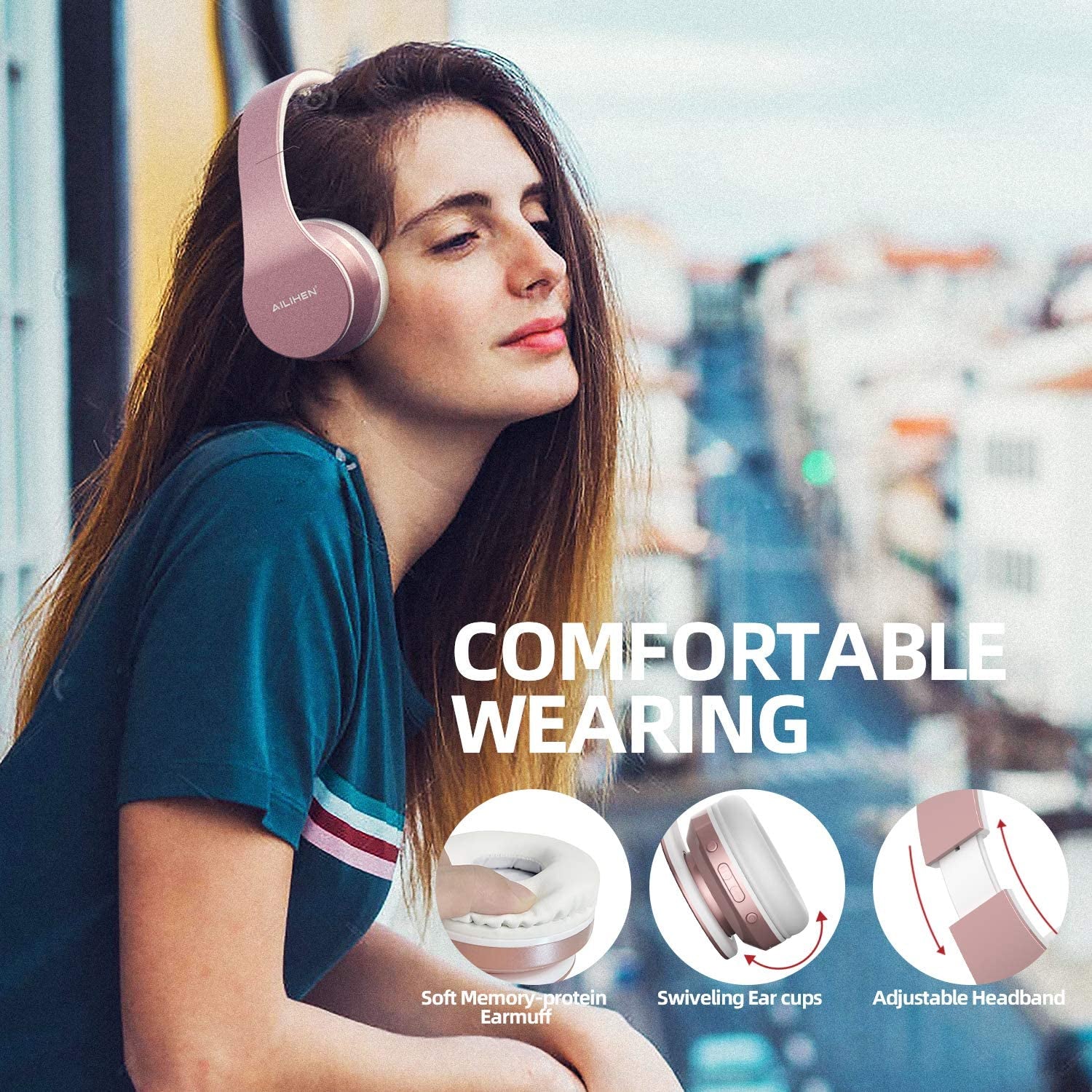 Bluetooth Wireless Headphones on Ear with Mic Hi-Fi Stereo Wired Foldable Headsets, Soft Earpads, Support with TF Card/Mp3 Mode, 25H Playtime for Travel TV PC Cellphone (Rose Gold)