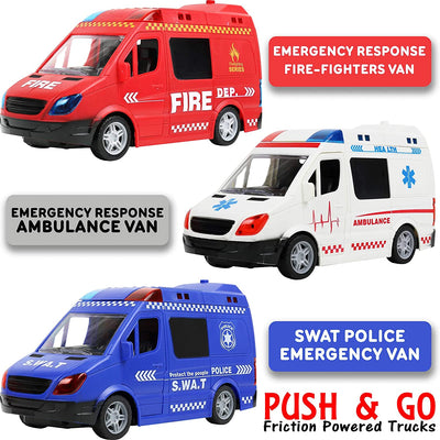 Emergency Vehicles Toy Set [3 Pack] | Ambulance, Fire Engine Truck, Police Car Toys for Boys | Friction Powered with Realistic Lights and Sounds