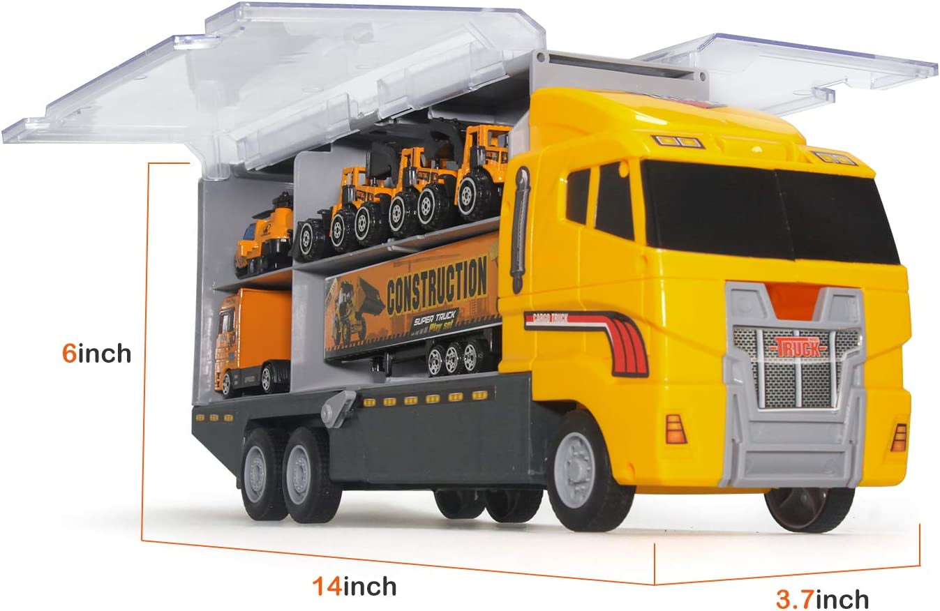 Construction Truck Toys Sets,11 in 1 Mini Die-Cast Truck Vehicle Car Toy in Carrier Truck,Gifts for 3 + Years Old Kids Boys Girls