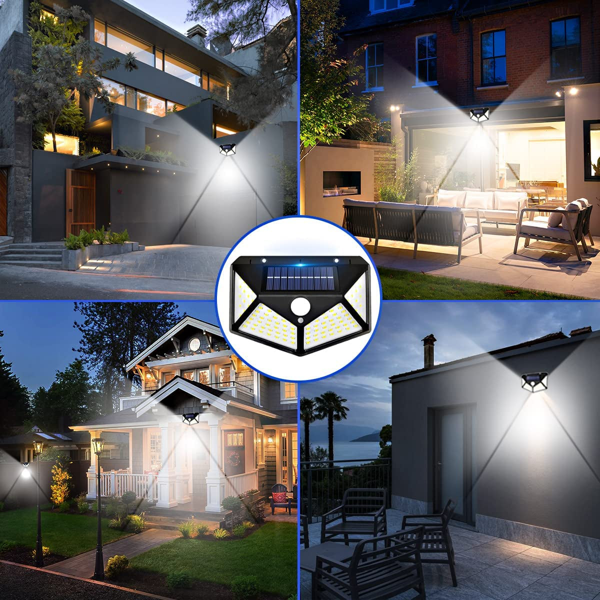 2 Pack Outdoor Solar Wall Light, 100 LEDs with Lights Reflector, 270°Wide Angle, IP65 Waterproof, Motion Sensor Security Lights for Exterior Wall, Patio, Yard, Garage, Deck, Garden