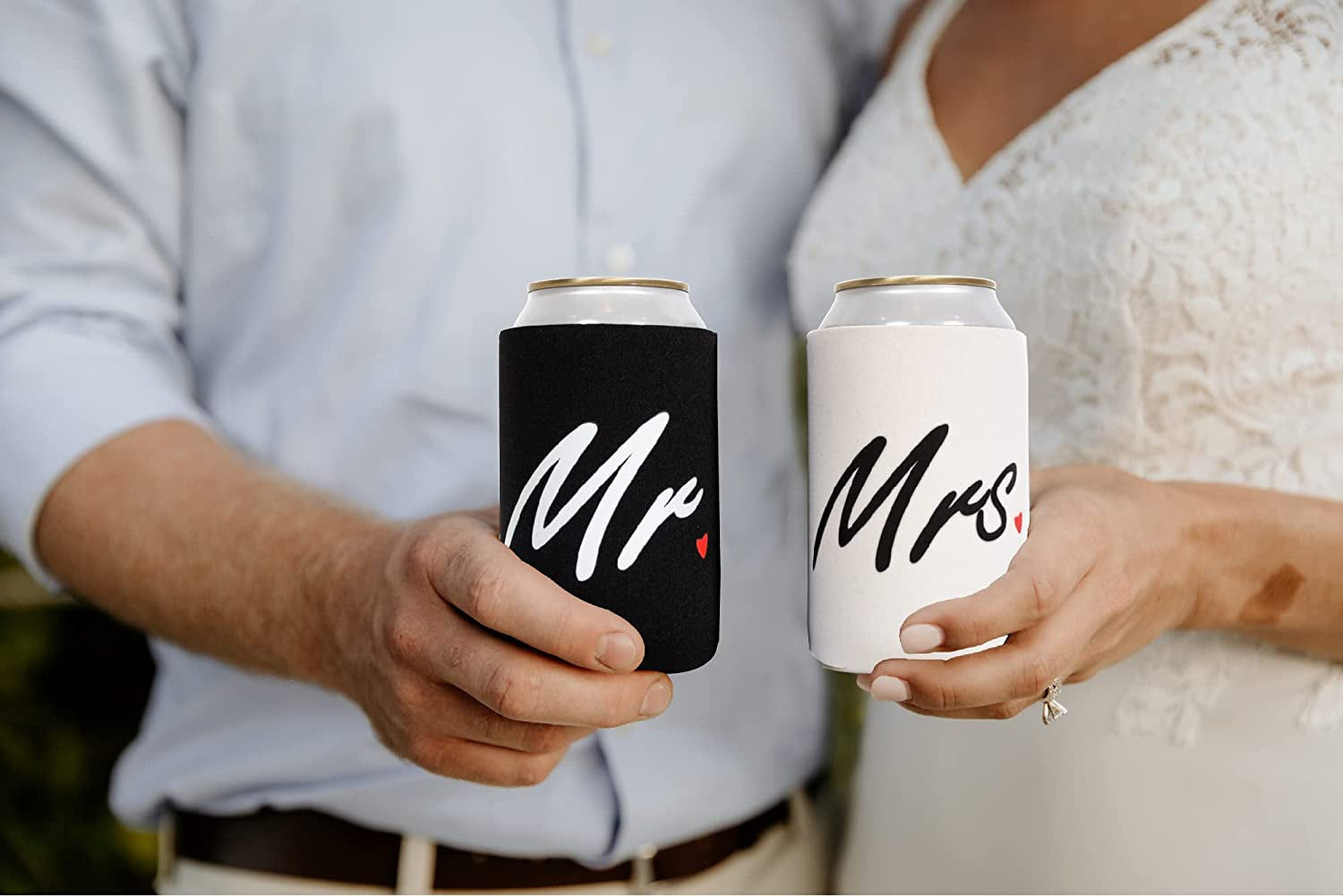 Mr & Mrs Can Cooler Sleeves - Set of 2 Neoprene Covers for Beer, Soda and More Universal Sleeve Design Holds Bottle and Cans - His and Hers Wedding Gift for Couples