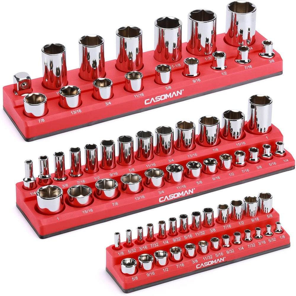 3/8-Inch Magnetic Socket Organizer, Holds 26 SAE Sockets, Red Color, Professional Quality Tools Organizer